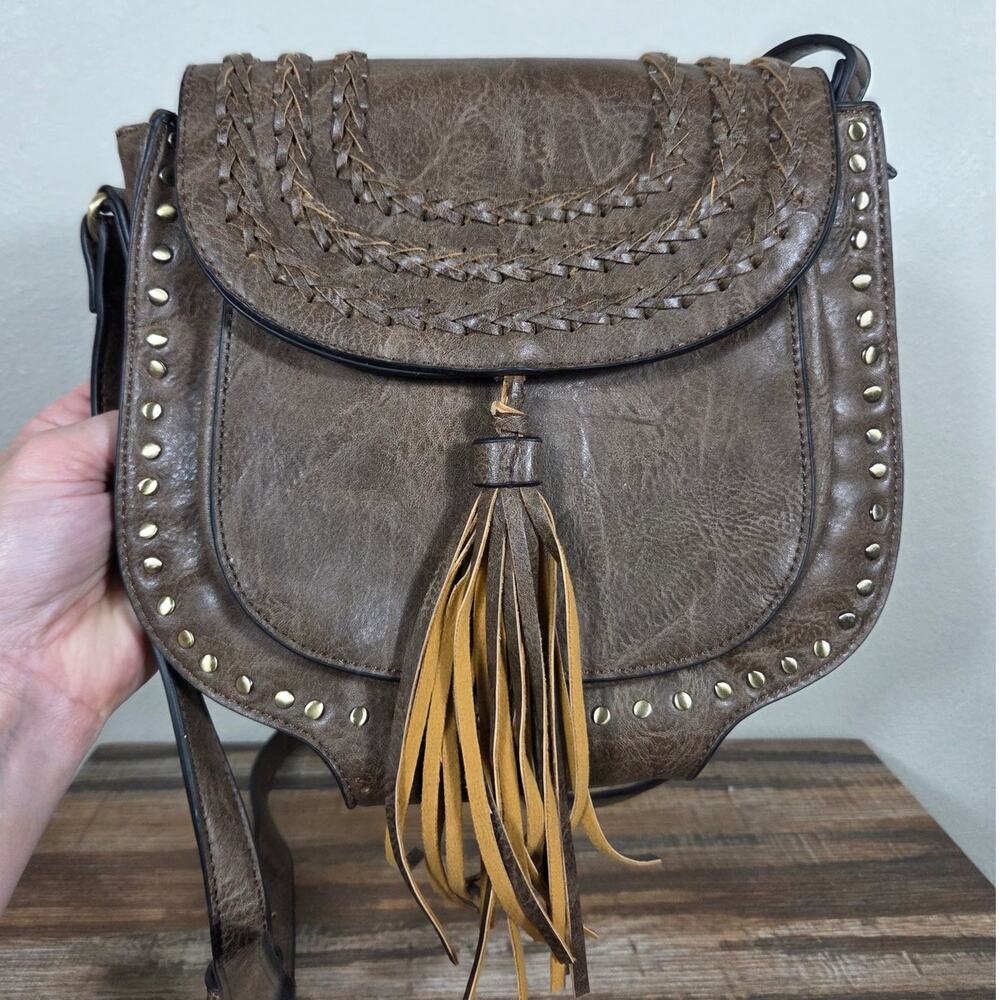 Antik Kraft Brown Faux Leather Gold Studded Crossbody Saddle Bag Western - Picture 3 of 13